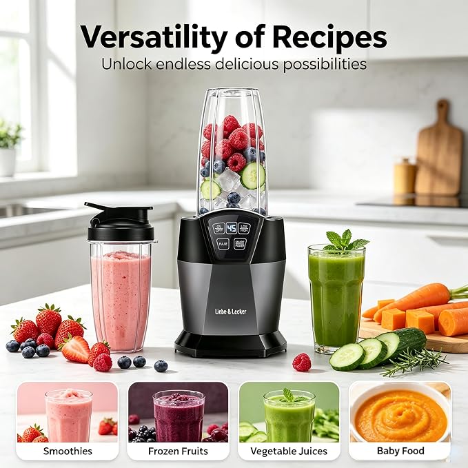 Liebe&Lecker Personal Blender, 1200 Peak Watts Smoothie Blender for Kitchen | Countertop Blenders with 6-Leaf Blade, Two 28-oz To-Go Cups & Spout Lids for Frozen Drinks, Meal Prep, Zero BPA