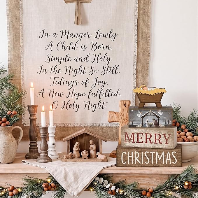 Lineshading 4 Pcs Nativity Christmas Wooden Block Signs Farmhouse Decor | Stackable Manger Scene Blocks for Tiered Tray Mantel, Rustic Farmhouse Tabletop Decorations, Birth of Jesus Holiday Gift