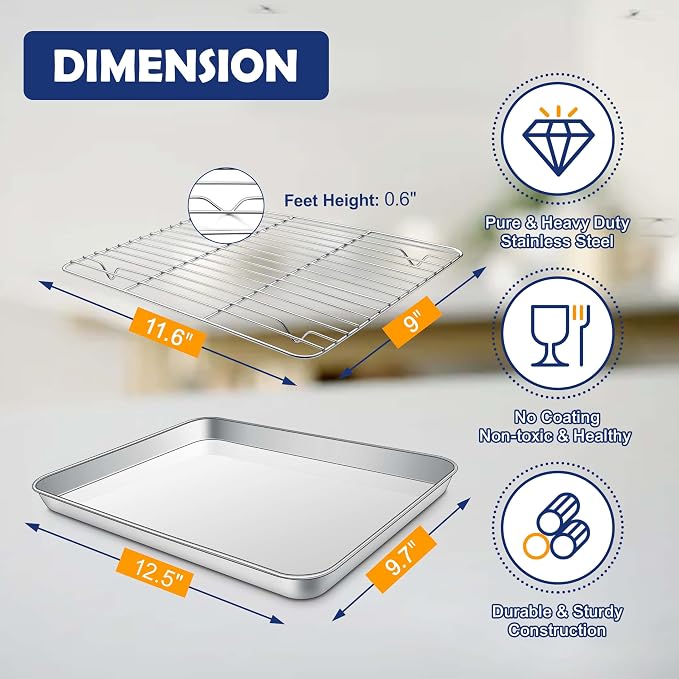 12.5” Baking Sheet Pan with Rack, Joyfair Stainless Steel Toaster Oven Tray | Bakeware Cookie Pan & Cooling Rack for kitchen bake Jelly Roll/Bacon/Meat, Commercial Metal & Rust-free, Dishwasher Safe