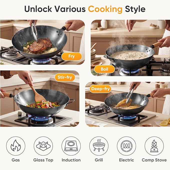 NEWBULIG 13.5" Carbon Steel Wok Pan, Pre-Seasoned Flat Bottom Wok for Stir Fry, BBQ, Grill & Camping, Compatible with Induction, Electric, Gas and Open Fire, Black