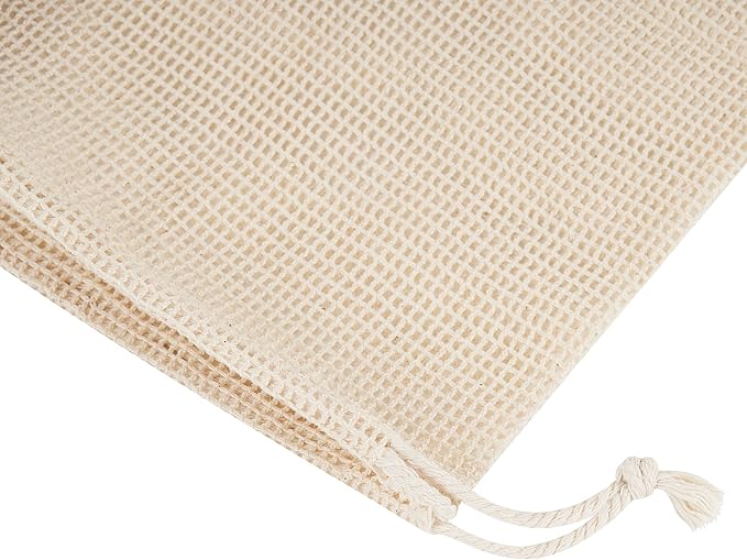 PALTERWEAR 100 Percent Natural Cotton Double Drawstring Mesh Bag For Herbs, Nuts, Fruit, Vegetables (8 x 10 Inch - Set of 5)