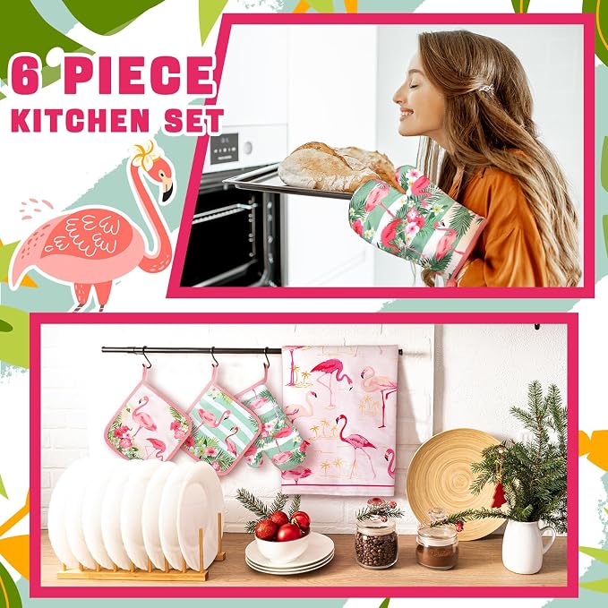 Bencailor 6 Pcs Flamingo Kitchen Towels Pot Holders and Oven Mitts Set Soft Cotton Linen Dish Towel Heat Resistant Oven Mitts for Summer Kitchen Decor Cooking Baking Grilling