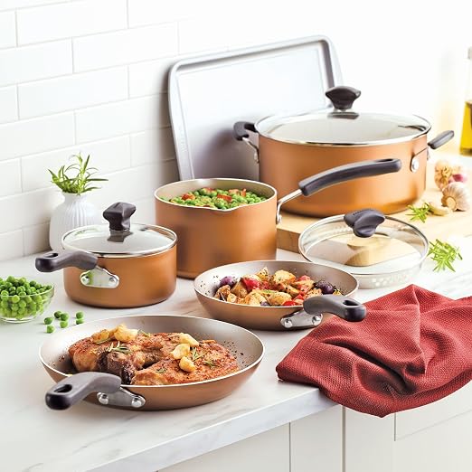Farberware Cookstart Aluminum DiamondMax Nonstick Cookware Set, Kitchen Essentials, 15-Piece, Copper
