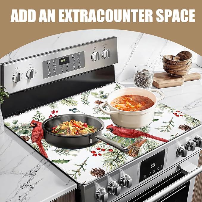 Red Cardinal Stove Top Covers for Electric Stove, Berry Bird Electric Gas Stove Pad Heat Resistant Range Cooktop Protector for Home Decor Kitchen 28"x20"