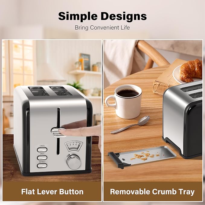 YSSOA 2-Slice Toaster with Extra Wide Slot & Removable Crumb Tray, 5 Browning Setting and 3 Function: Bagel/Defrost/Cancel, Retro Stainless-Steel Style, for Bread & Waffle, Black