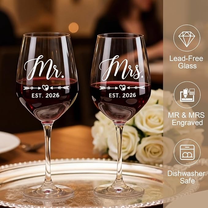 Wedding Gifts for Couples 2026 Mr and Mrs Engraved Wine Glasses Engagement Gift for Newlywed Bachelorette Bridal Shower Gifts for Bride and Groom Present for Bride To Be His and Hers