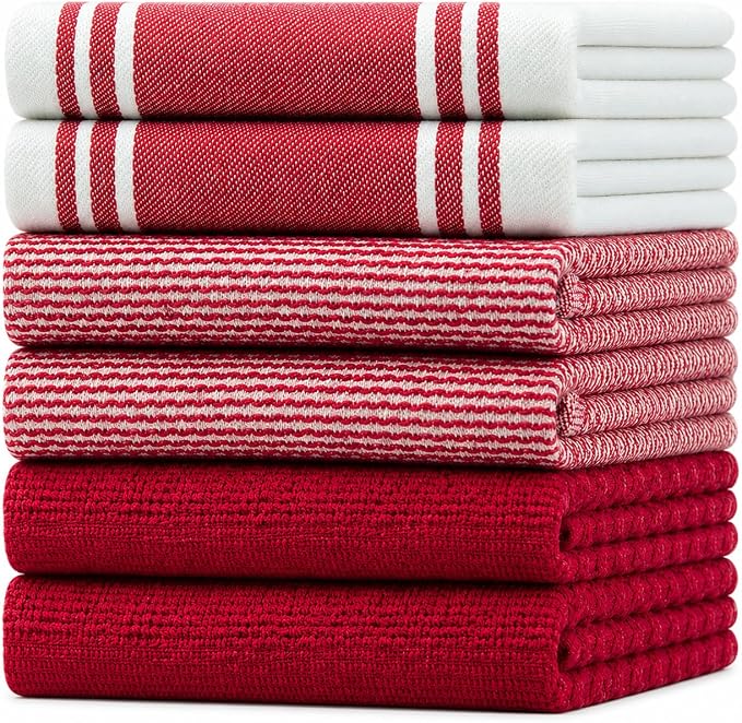 Premium Kitchen Towels 6 Pack 100% Cotton 20"x28" Dish Towels - Red Wide | Large Flat & Terry Kitchen Linen Set with Hanging Loops, Highly Absorbent for Washing and Drying Dishes