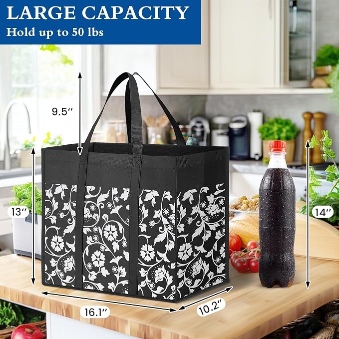 Reusable Grocery Shopping Bags 10 Pack Large Foldable Tote Bags Bulk | Eco Produce Bags with Long Handle for Shopping Groceries Clothes (Plaid D)