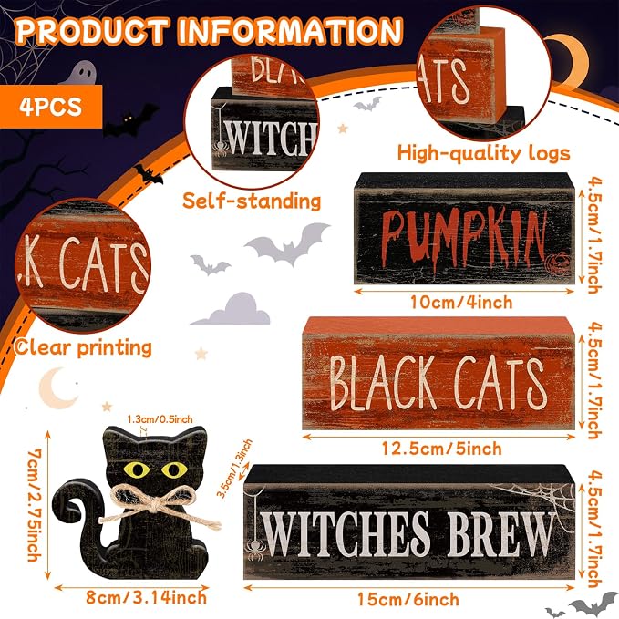 Lineshading 4 Pcs Halloween Black Cat Tiered Tray Decor Wooden Signs | Rustic Farmhouse Tabletop Decoration, Stackable with Halloween Phrases, Seasonal Home Display, Gift-ready Decor Set