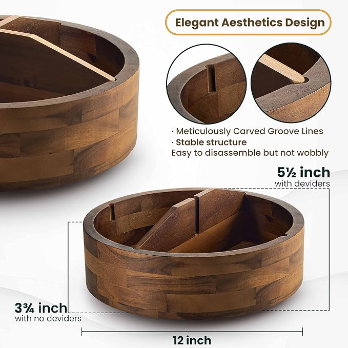 TIDITA 12" Wooden Lazy Susan Organizer with 4 Dividers, High Rim, Rotate | 360° Rotation, Acacia Wood, Non-Skid Pads, Removable Dividers, Wooden Round Serving Turntable for Tabletop, Multi-Use