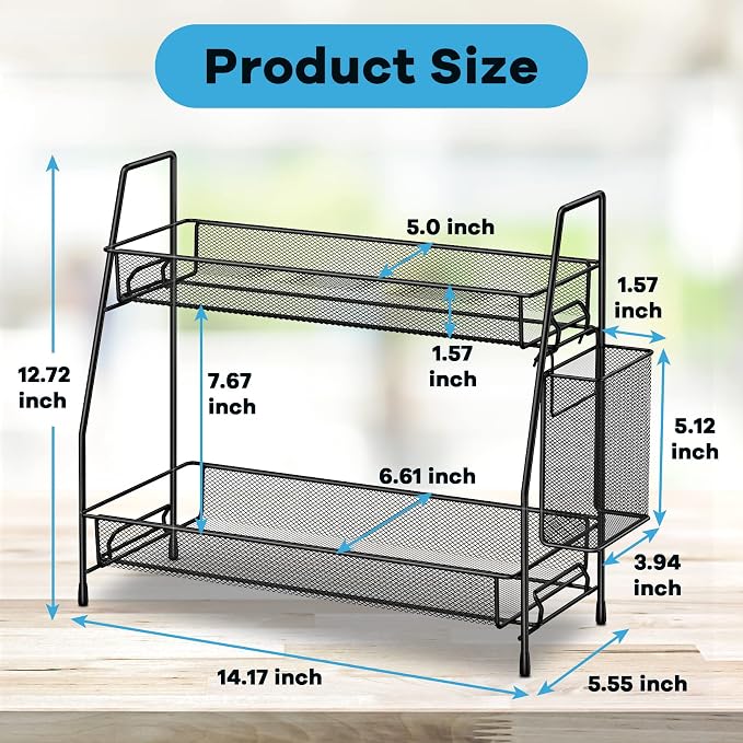 Bathroom Organizer Countertop, Spice Rack Organizer for Cabinet,Black | 2-Tier Bathroom Counter Organizer,Vanity Organizer Corner Shelf with Small Basket for Sink,Kitchen,Bedroom,Living room,Office