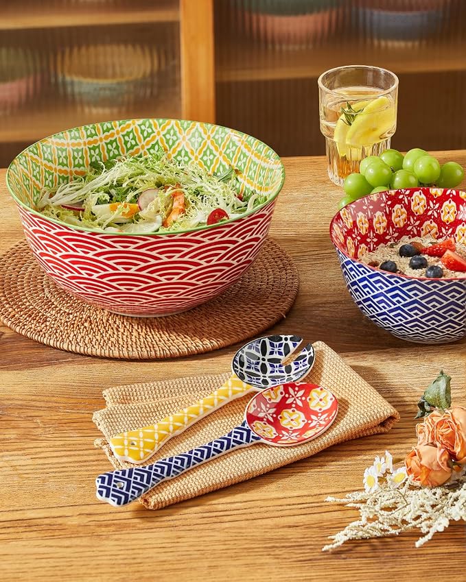 Metahom Ceramic Mixing Bowls for Kitchen, Colorful Nesting Bowls, Large Serving Bowls for Prepping, Baking, Mixing, Salad, Microwave Dishwasher Safe, 3.7/2.3/1.4 Qt, Set of 3