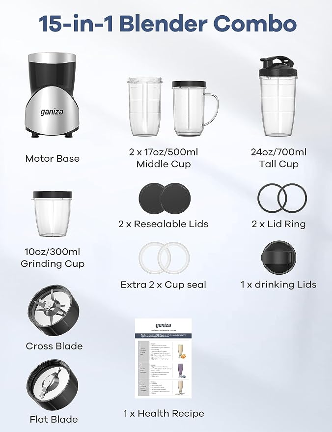 Ganiza Smoothie Blender, 900W Blenders Shakes and Smoothies | 15-Piece Personal Blender and Grinder Combo for Kitchen, Smoothies Maker with 4 BPA-Free Portable Cup, Nutritious Recipe
