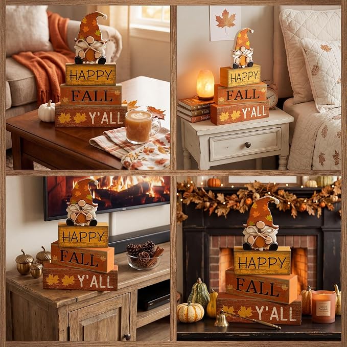 Lineshading 4 Pcs Fall Table Decor Wooden Block Signs with Gnome Set | Farmhouse Home Tiered Tray Pieces, Happy Fall Y'all Sentiment with Pumpkin Gnome, Rustic Thanksgiving Centerpiece
