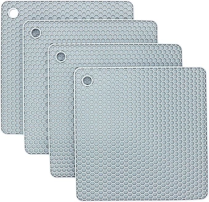 Silicone Trivets for Hot Dishes, Pots and Pans, Hot Pads for Kitchen, Grey Silicone Pot Holders for Kitchen Quartz Counter Heat Resistant Mat, Flexible Table Trivet Mat Set 4
