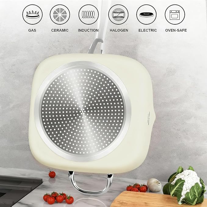 FELAMP 9.5-Inch Ceramic Nonstick Deep Square Frying Pan Set with Glass Lid, Stainless Steel Fry Basket & Steamer Rack, Induction Compatible, Oven &Dishwasher Safe, 4-Piece Square Pan Chef Cookware Set