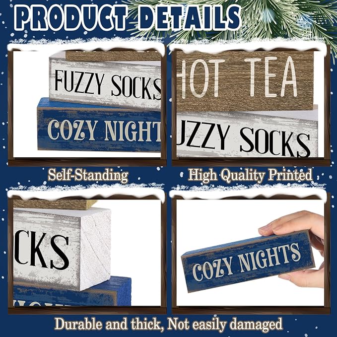 Lineshading 4 Pcs Snowflake Truck Tiered Tray Decor Wooden Block Signs | Rustic Farmhouse Style, HOT TEA FUZZY SOCKS COZY NIGHTS Text, Winter Seasonal Home Accents for Shelves Mantels Tabletops