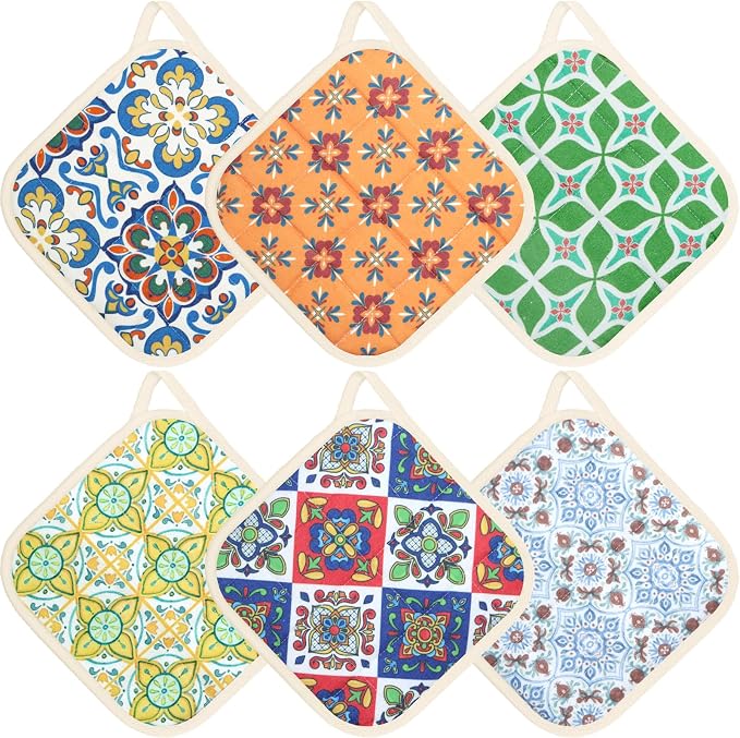 6 Pack Pot Holders 100% Cotton Heat Resistant Potholder, Machine Washable Pot Holder, Hot Pads, Table Pads for Cooking Baking (L)