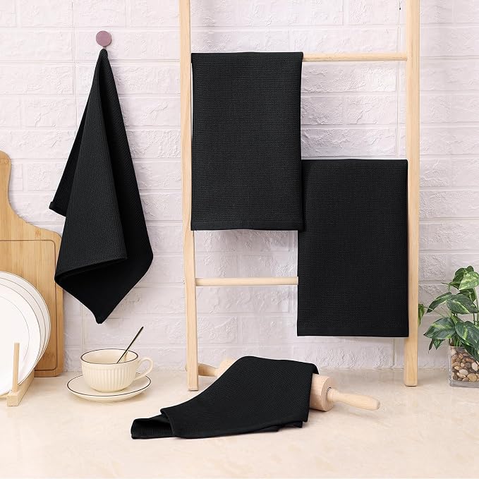 Homaxy 100% Cotton Waffle Weave Kitchen Towels, 4 Pack, Black | Soft and Absorbent Dish Towels, 16 x 26 Inches Quick Dry Hand Towels