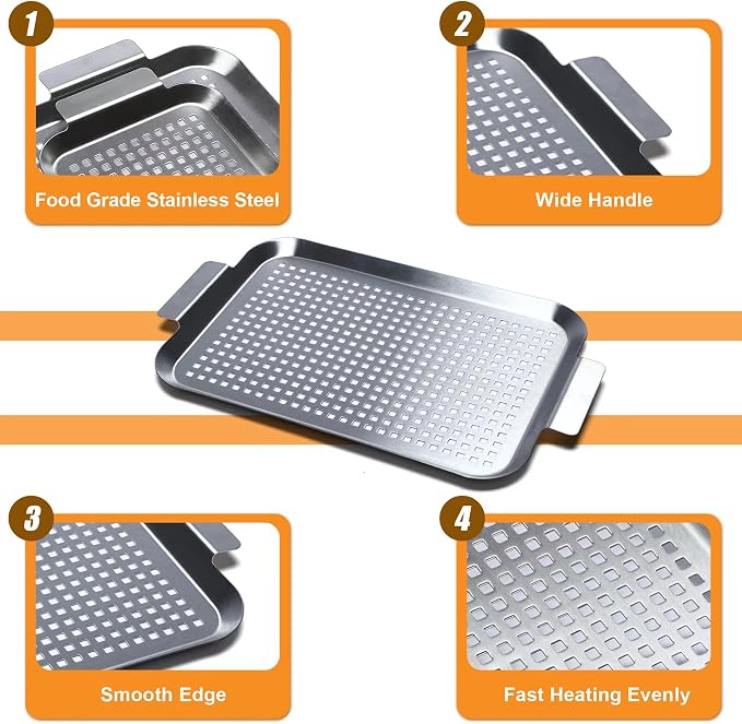 Grill Pan Set of 2, BBQ Grill Topper for Outdoor Grill, Stainless Steel Grilling Baskets with Holes and Handles, Perforated Food Tray Barbecue Accessories for Vegetable, Fish, Meat, Seafood | Stainless Steel Grilling Baskets with Holes and Handles, Per...