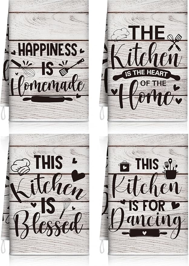 4 Pcs Wood Grain Kitchen Towels Happiness Dish Towels Gifts | Absorbent Hand Tea Dishcloths with Hanging Loop Heart of the Home Quote for Home Housewarming Gift Funny Kitchen Decor