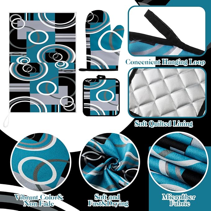 Jingmore 6 Pcs Kitchen Decor Set Accessory Farmhouse Kitchen Towels Pot Holders Oven Mitts Set 2 Dish Towels 2 Pot Holders 2 Cooking Mittens Oven Glove for Cooking(Teal,White, Gray,Geometric)