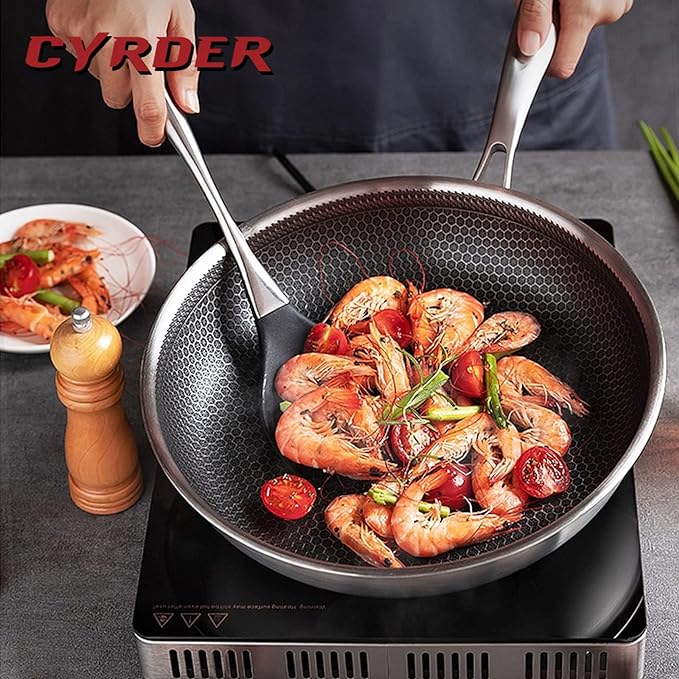 Hybrid Nonstick 12.5Inch 316 Stainless Steel Pan, PFOA Free Wok, Dishwasher Oven Safe, Stay Cool Handle Skillet, Works with Induction Cooktop/Ceramic/Gas/Electric Stovetop