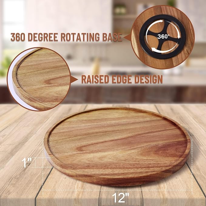 12-inch Acacia Wood Lazy Susan Organizers,Lazy Susan Turntable for Cabinet