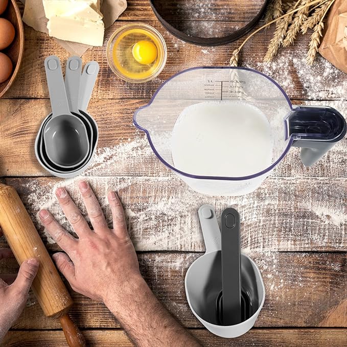 Stackable 10-Piece Measuring Cups and Spoons Set with Lids | BPA-free & dishwasher safe. Kitchen gadgets for cooking & baking. Dust-proof nested utensils for dry or liquid food