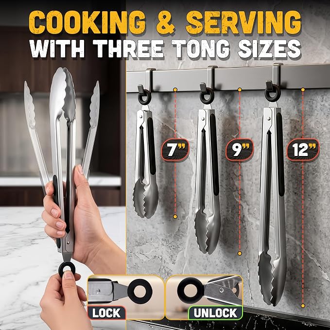 Stainless Steel Kitchen Tongs Set of 3, 7/9/12 Inch, Heavy Duty | Cooking Tongs for BBQ, Grilling, Air Fryer, Serving & Salad; Silicone Grips, Locking Ring, Hanging Loop; Metal Utensil Set