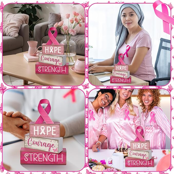 Lineshading 4 Pcs Pink Ribbon Block Signs Wooden Farmhouse Table Decor | Hope Courage Strength Blocks, Rustic Finish for Tiered Tray, Home Shelf Decor, Breast Cancer Awareness Support Gift