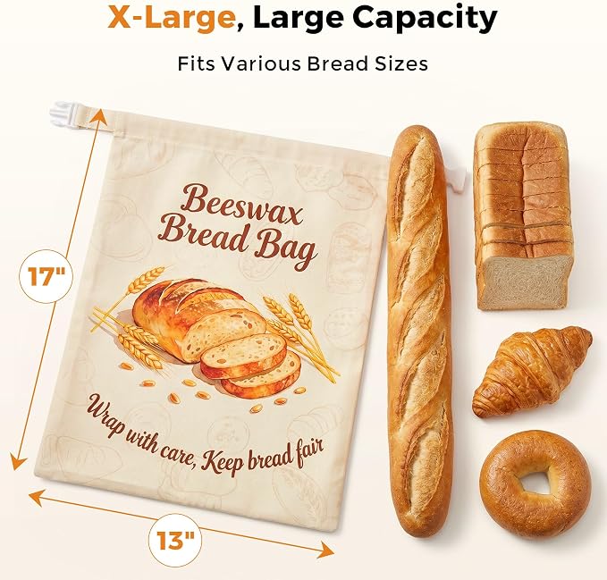 Beeswax Bread Bags for Sourdough, 2 Pack Reusable Bread Bag for Storage XL 17x13 Inch, Large Linen Bags for Homemade Sourdough - Keep Fresh, Freezer Safe