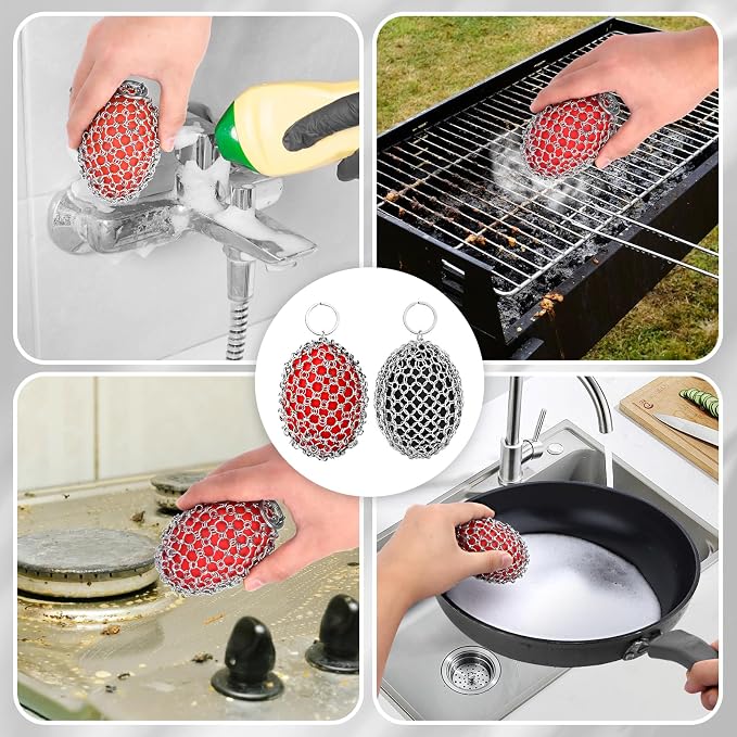 Cast Iron Scrubber Chainmail Set – 316 Stainless Steel Dish Scrub Brush for Cast Iron Skillet Pan Cleaner, Dutch Oven, Wok & Non-Stick Cookware | Dishwasher Safe – 2Pack