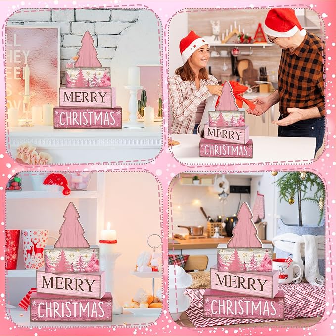 Lineshading 4 Pcs Wooden Merry Christmas Block Signs Pink Farmhouse Decor | Rustic Signs for Tiered Tray, Tabletop Centerpiece, Holiday Theme Display, Tree Shape Topper Included, Gift Ready