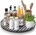 AMH 16-Inch Black and White Checkerboard Lazy Susan Decorative Tray | Smooth rotating oak tray with walnut finish for dining tables, kitchen counters, pantries and cabinet storage.