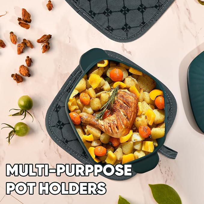 Oven Mitts Kitchen Towels Dishcloths with Pot Holders Sets 12PCS,Dish Towels Sets,Oven Gloves Pot Pads Heat Resistant 500 Degrees with Non-Slip Silicone Surface for Cooking Baking Grilling-Deep Green