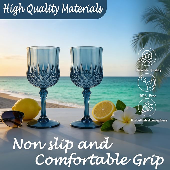 24Pack Plastic Wine Glasses, 7oz Vintage Goblets for Wedding | Unbreakable Crystal Style Reusable Stemware, Elegant Navy Blue Drinking Glass for Party Anniversary & Holiday Celebration