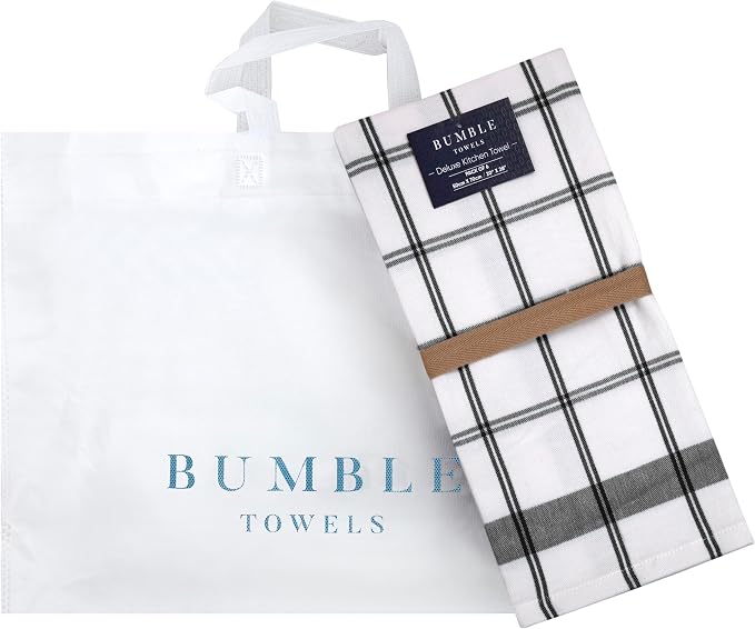 Premium Kitchen Towels (20”x 28”, 12 Pack) | Large Cotton Dish Towels | Flat & Terry Highly Absorbent Kitchen Linen Set with Hanging Loop | Black Check