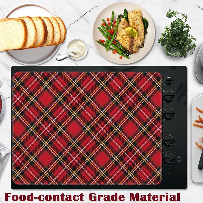 Red Black Plaids Stove Top Cover Glass Cooktop Heat Resistant Cover,Retro Christmas Plaid Ceramic Stove Top Covers Mat Prevents Scratching Stoves/Counter/Washer Protector,28x20 in
