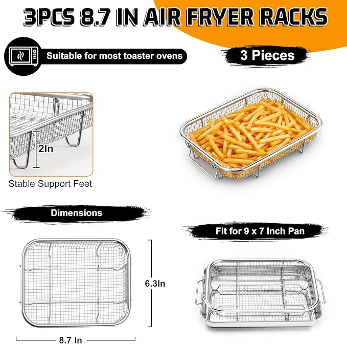 P&P CHEF 8.7 Inch Air Fryer Basket for Oven, Air Fryer Rack, 3 Pieces | Food-grade Stainless Steel Air Fryer Accessories for Frying Cooking Baking Roasting, Ideal for Fried Food, Dishwasher Safe