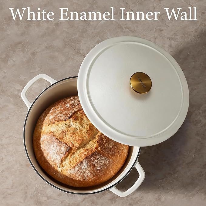 CAROTE 5QT Cream White Enameled Cast Iron Dutch Oven Pot with Lid | Used for Sourdough Bread Baking, Braising, Healthy Non Toxic Cookware Dual Handles, Oven Safe up to 500° F