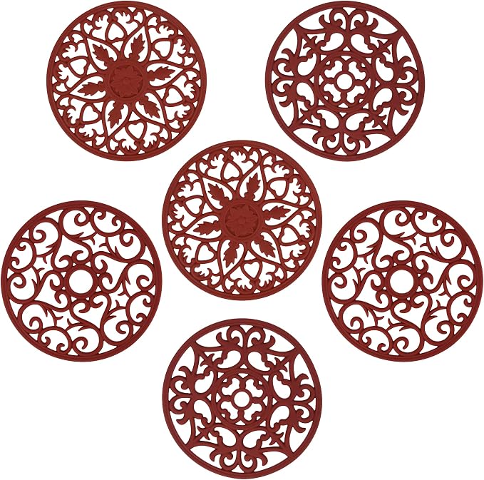 Silicone Trivets Mats for Hot Pots and Pans, Multi Purpose Trivets Mat -Heat Resistant Silicone Trivet Intricately Carved Hot Pads Set of 6 (E: Style 1-Red)