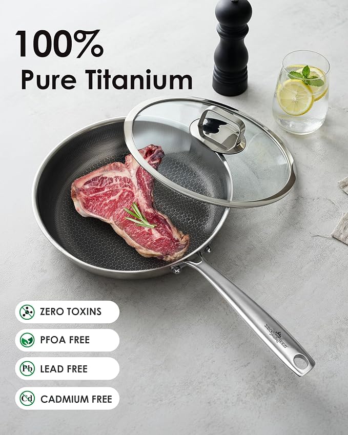 12" Titanium Pans for Cooking,non-stick,Dishwasher safe | PFAS/PFOA/PTFE-Free,easy cleanup,Induction compatible for all stovetops,Includes Lid