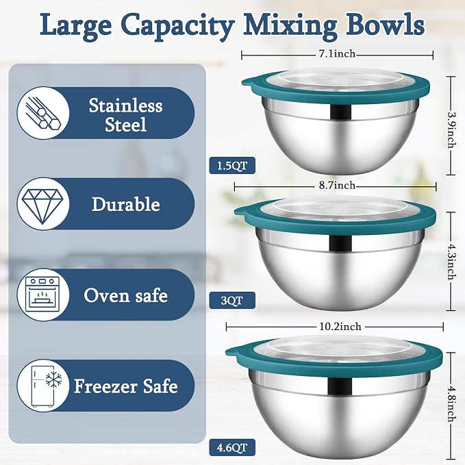 LIANYU Stainless Steel Metal Mixing Bowls, 3 Packs Nesting Bowl with Lid | Deep Bowls Set for Baking Cooking and Prepping, 4.6 & 3 & 1.5QT Large and Small Size, Include Visible & Airtight Lid, Blue