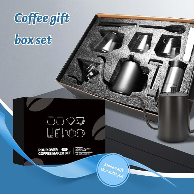 Coffee Pour Over Dripper Set, Pour Over Coffee Maker Kit with Kettle | Coffee Maker Set with Hand Coffee Grinder and Pour Over Scale, Coffee Brewing Kit, Glass Coffee Dripper and Filter Set