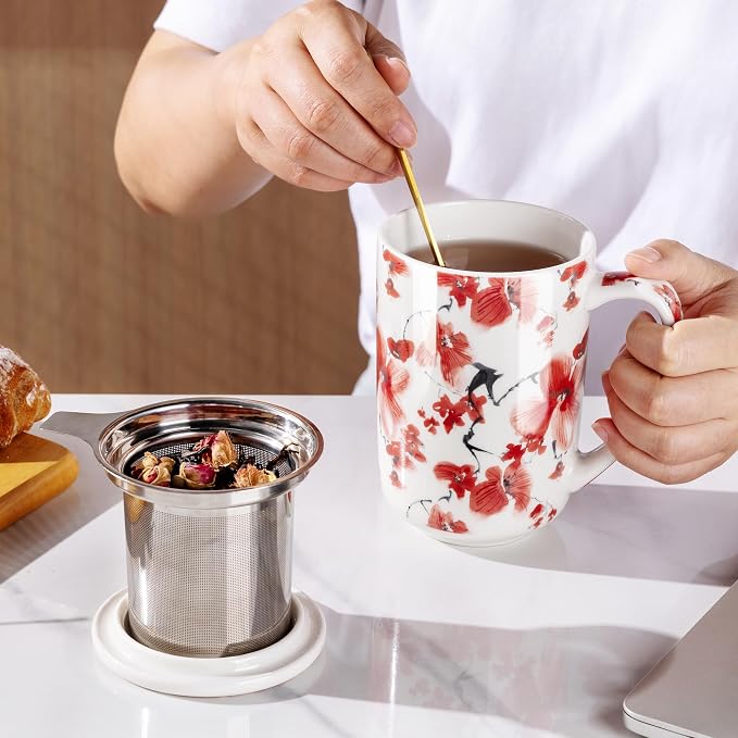 AmorArc Tea Cup With Infuser and Lid, 18oz Loose Leaf Tea Mug With Steeper | Porcelain Tea Mug With Infuser and Lid, Large Strainer Tea Cup with Lid for Tea, Coffee Mug for House-warming Birthday Gift