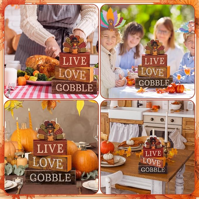 Lineshading 4 Pcs Thanksgiving Wooden Block Signs Turkey Tiered Tray Decor | Farmhouse Fall Table Centerpiece, Turkey Topper Sunflower Theme, Stacked Wood Blocks Live Love Gobble for Kitchen Shelf