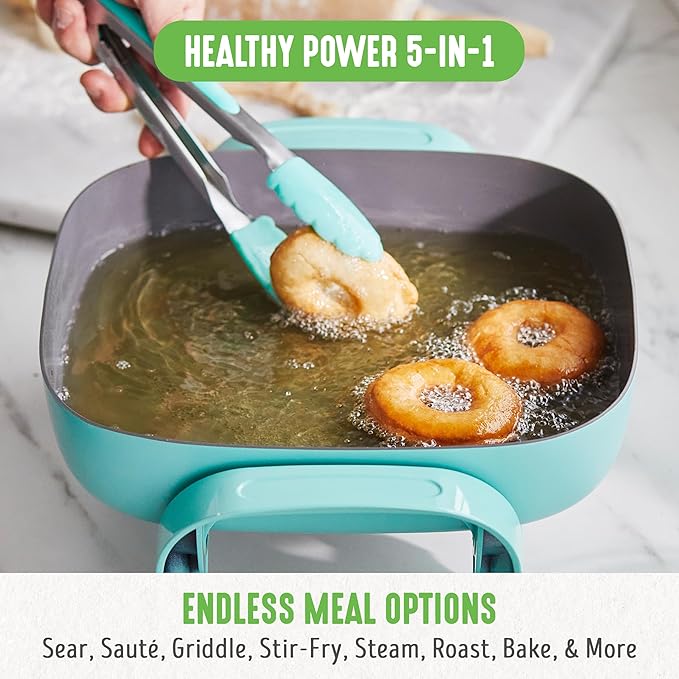 GreenLife 12" 5QT Electric Skillet, Turquoise | PFAS-Free Ceramic Nonstick Coated Interior, Glass Vented Lid, Temperature Control, Dishwasher Safe, Pancakes, Eggs, Bacon
