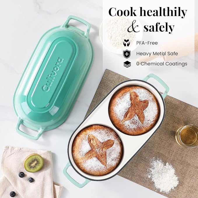 Cast Iron Bread Pan with Lid, Mini Enamel Sourdough Baking Dutch Oven Pot, Double Round Loaf Space for Homemade, Bread, Cake, Meatloaf, 16.5cm Diameter, 500°F Oven Safe, Non Stick, Green