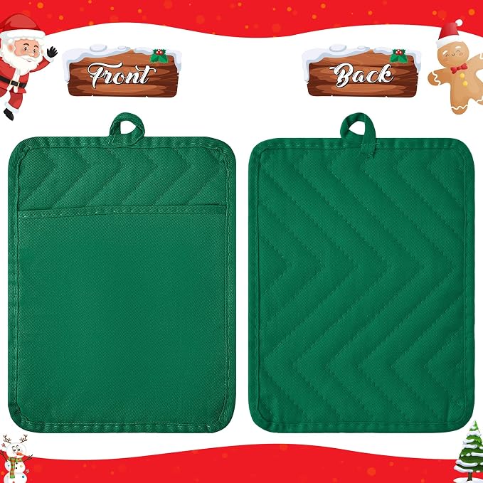 R HORSE 6 Pack Christmas Red Green Pot Holders with Pockets, 7''x 9'' | Cotton Kitchen Hot Pads, Heat Resistant Oven Mitts, Non-Slip Potholder Terry Cloth, Ideal for Baking, Cooking, Christmas Gift